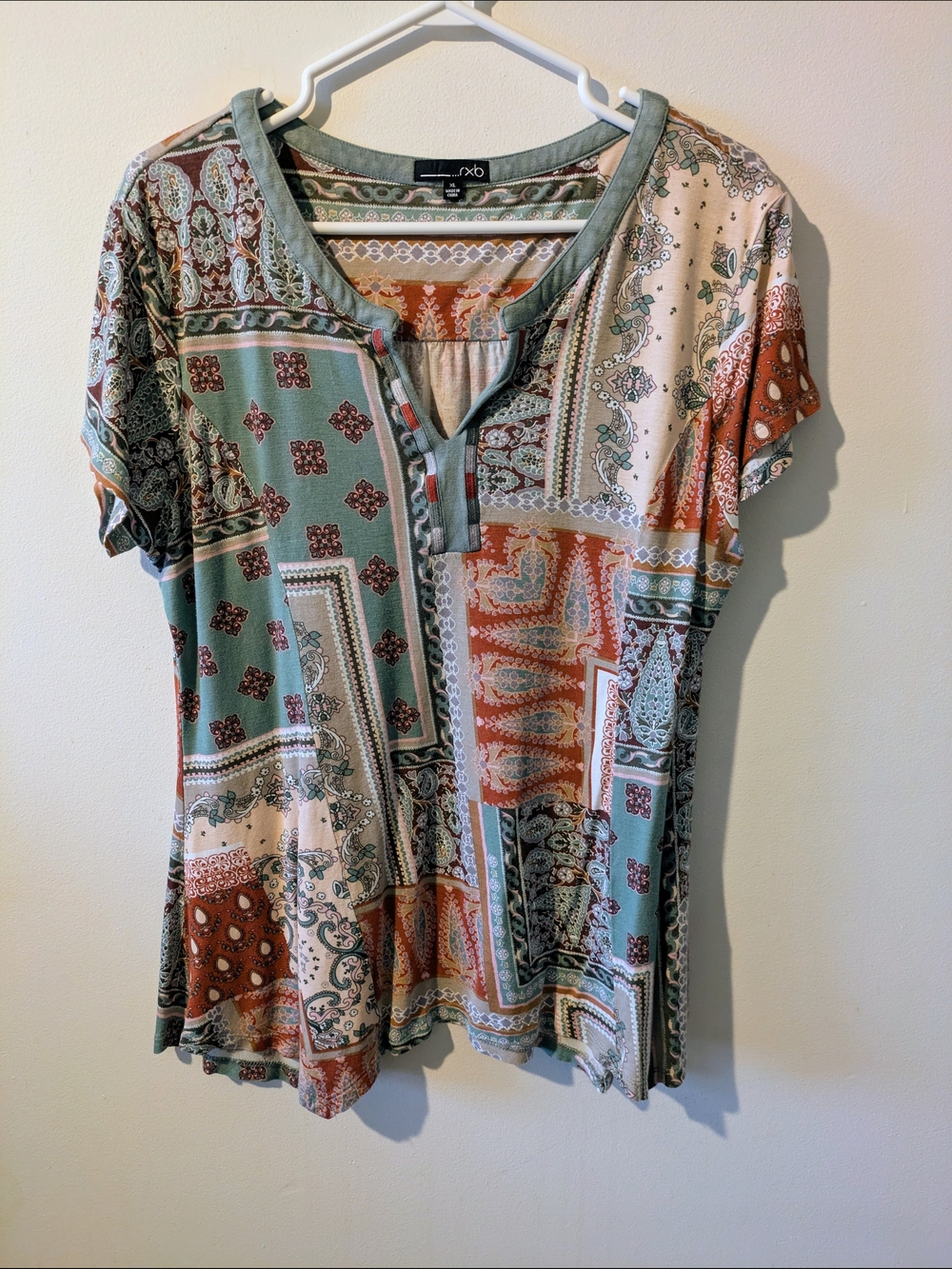 RXB Boho Mint Green and Rust Mixed Patchwork Short Sleeve Top XL
